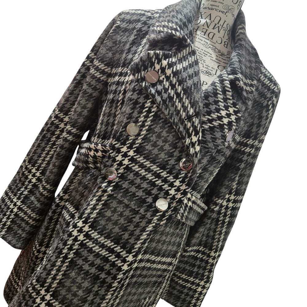 Houndstooth Double Breasted Wool Blend Coat Black White Women's XL